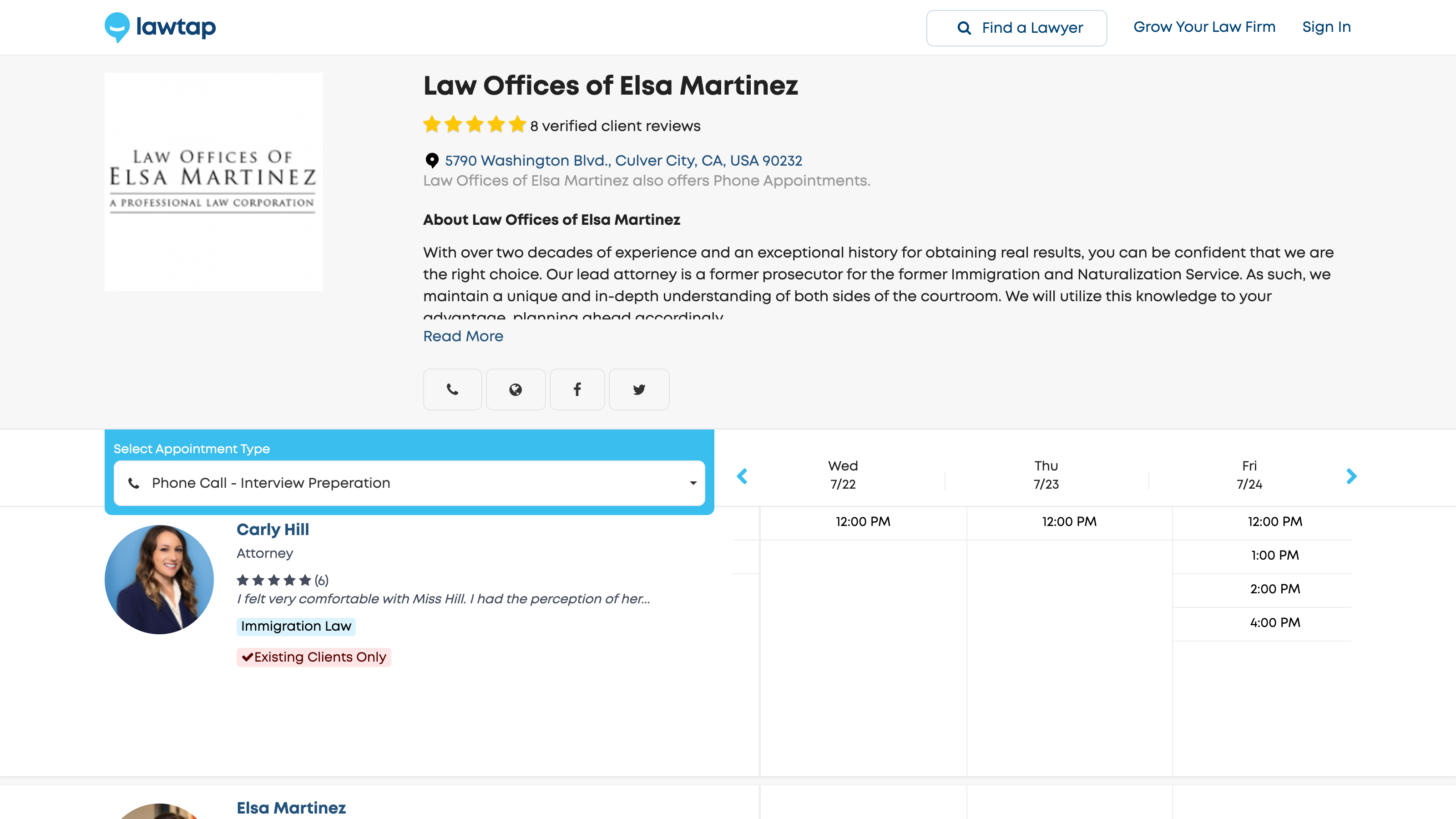 LawTap Screenshot - Law Firm Profile