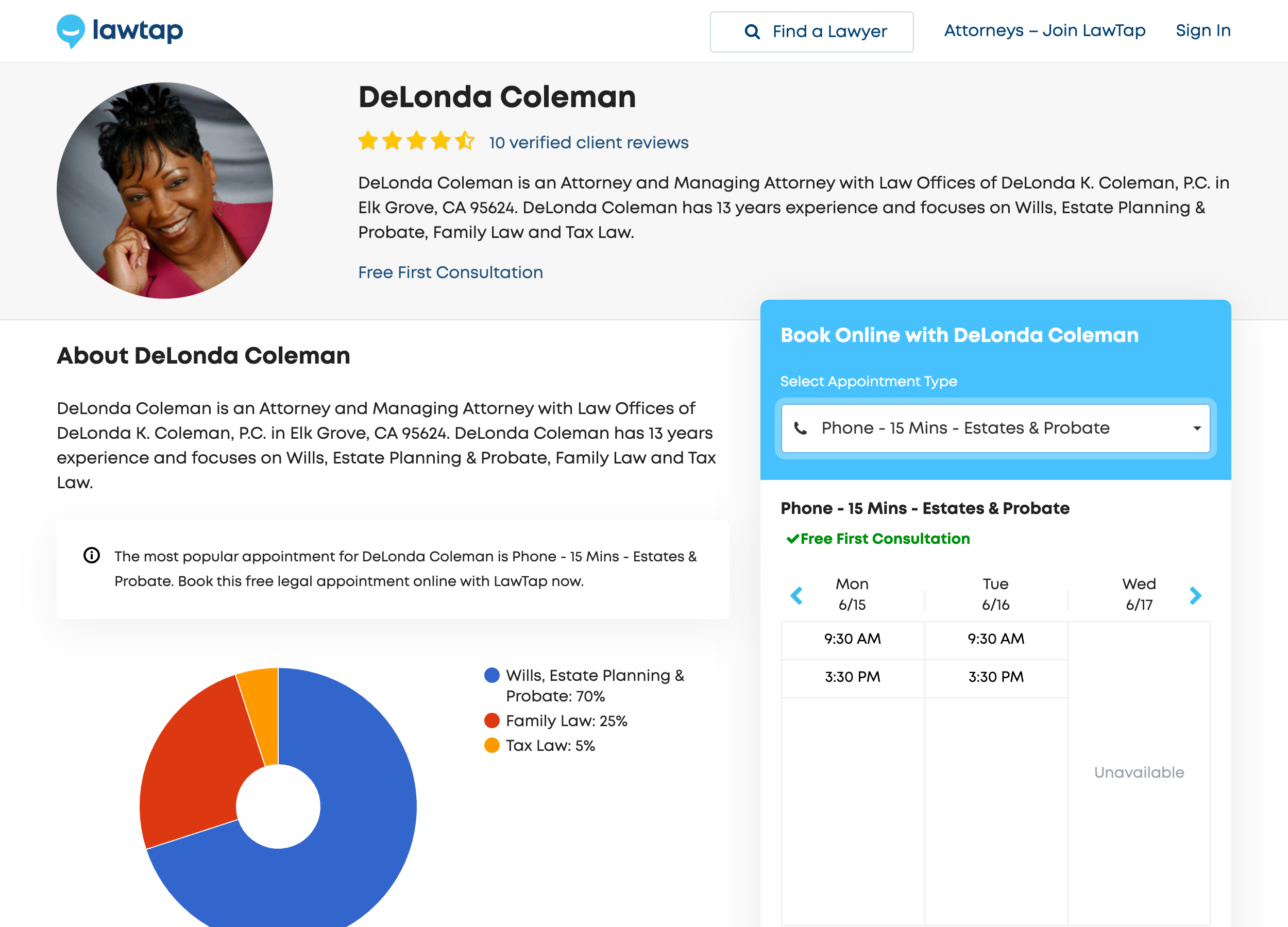 LawTap Screenshot - Attorney Profile